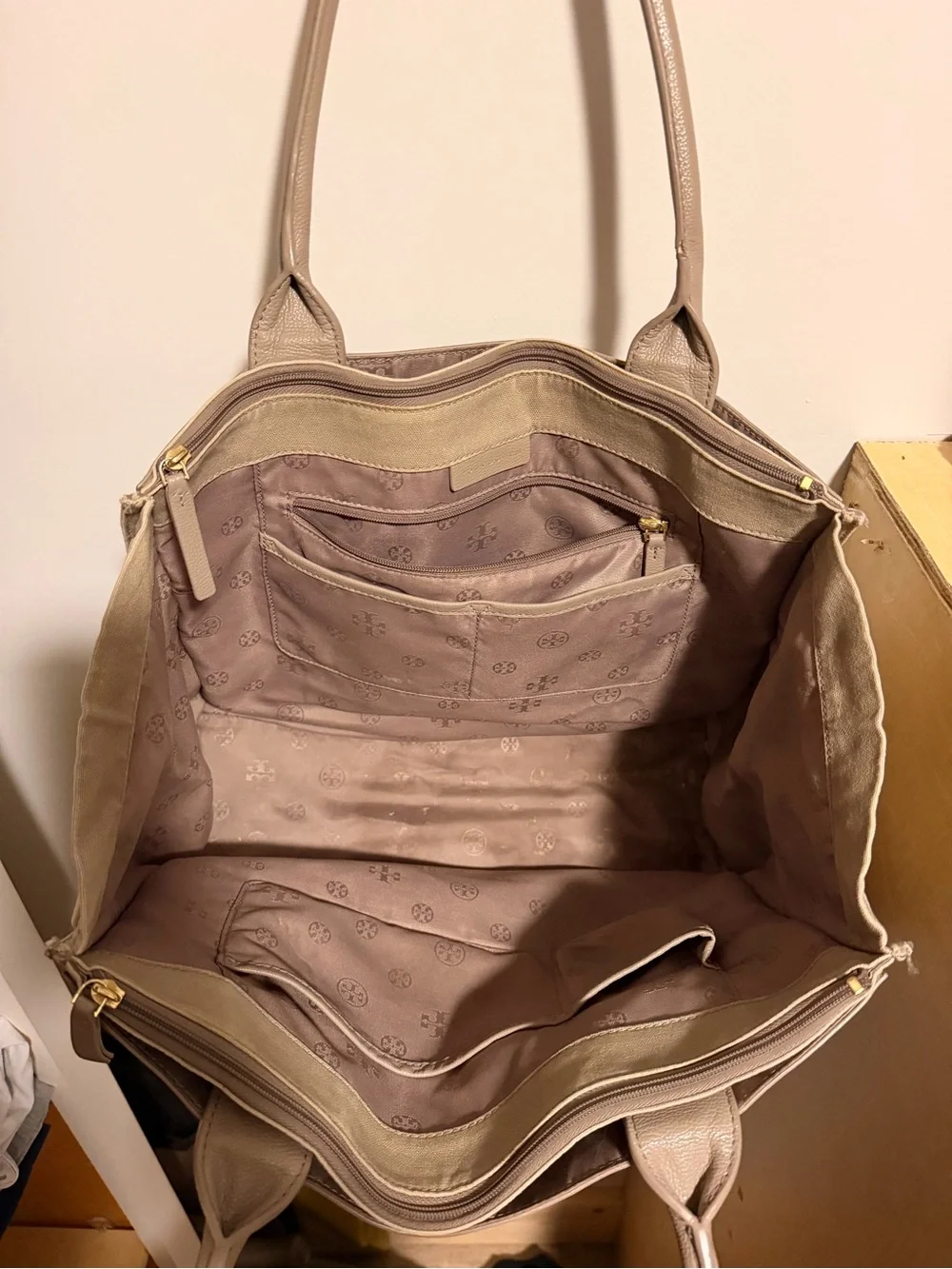 Tory Burch Leather Tote Bag Taupe Pebbled Double T Logo